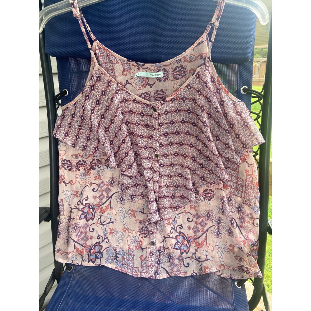 Maurices Pink Purple Paisley Floral Ruffle Cold Shoulder Cami Top Large L